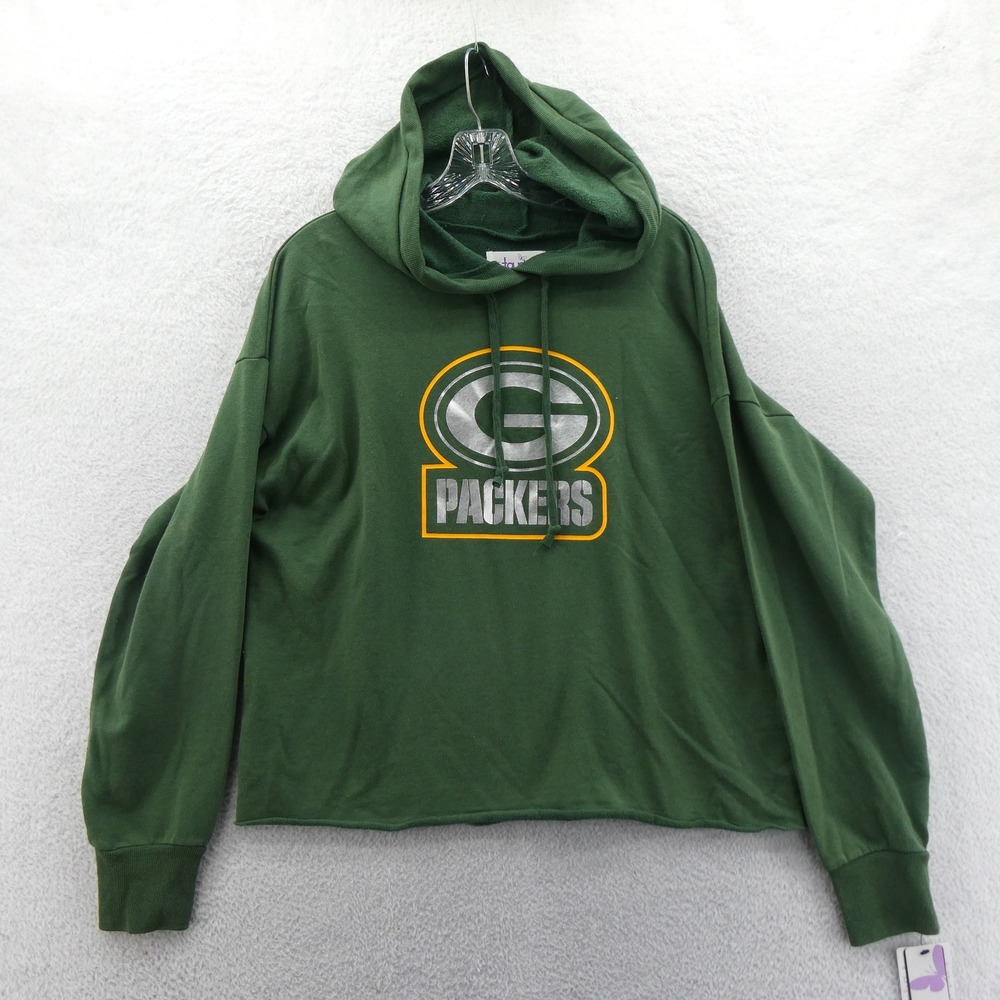 Touch Green Bay Packers Hoodie Womens Large Green Y2K Cropped Raw Hem Cotton NFL